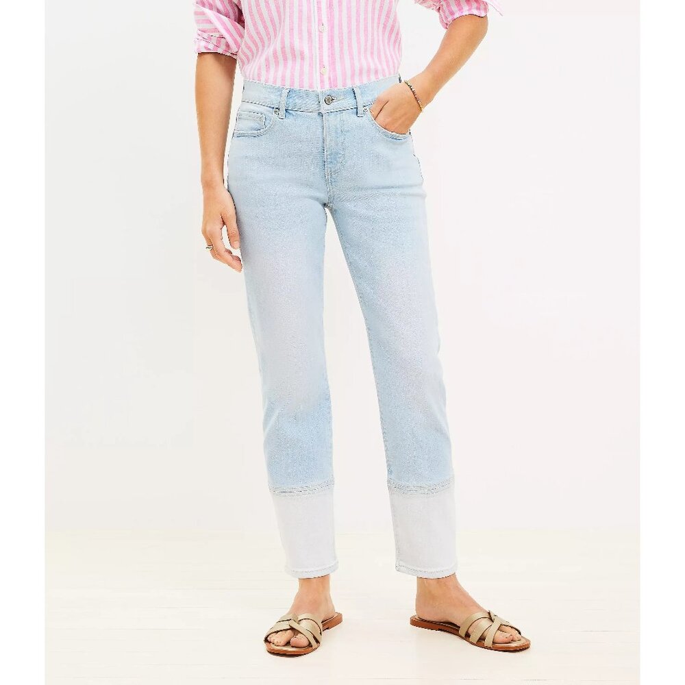 Ann Taylor LOFT Girlfriend Jeans In Patched Light Indigo Wash 0/25"